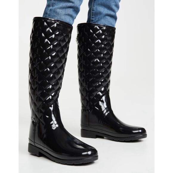 Hunter Gloss Quilted Tall Rain Boots Charcoal Rubber Waterproof 7 Women EUC - Picture 14 of 15